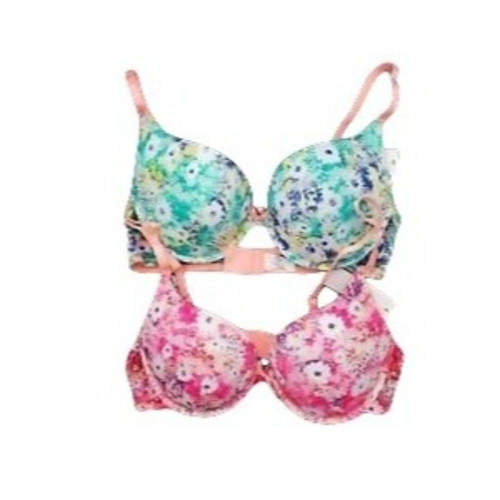 Hers By Herman Womens Pink Teal Floral Adjustable Strap Push Up Bra Size 34C